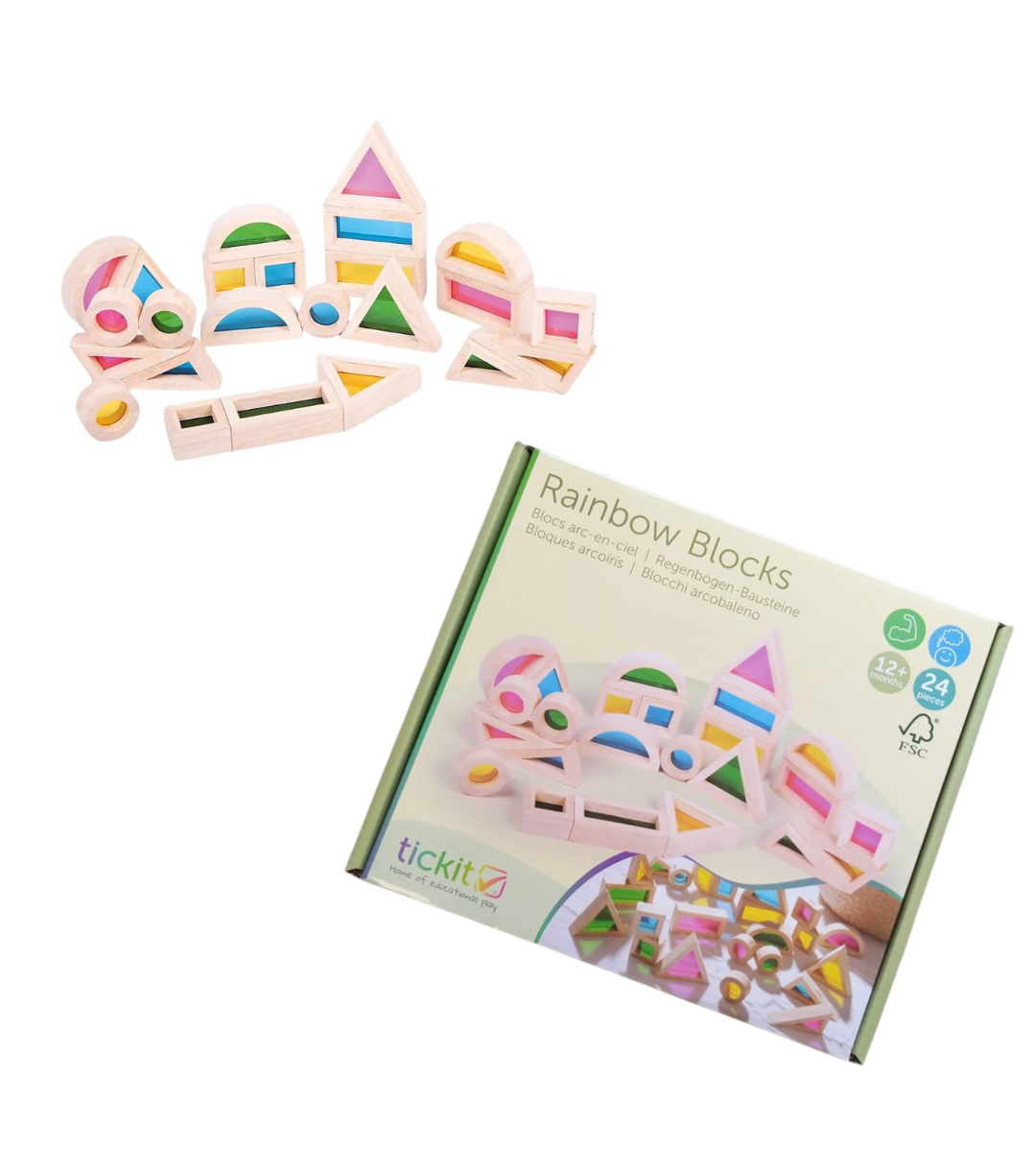 SET GIOCO Rainbow Blocks in LEGNO (24 BLOCCHI di 4 FORME) TICKIT